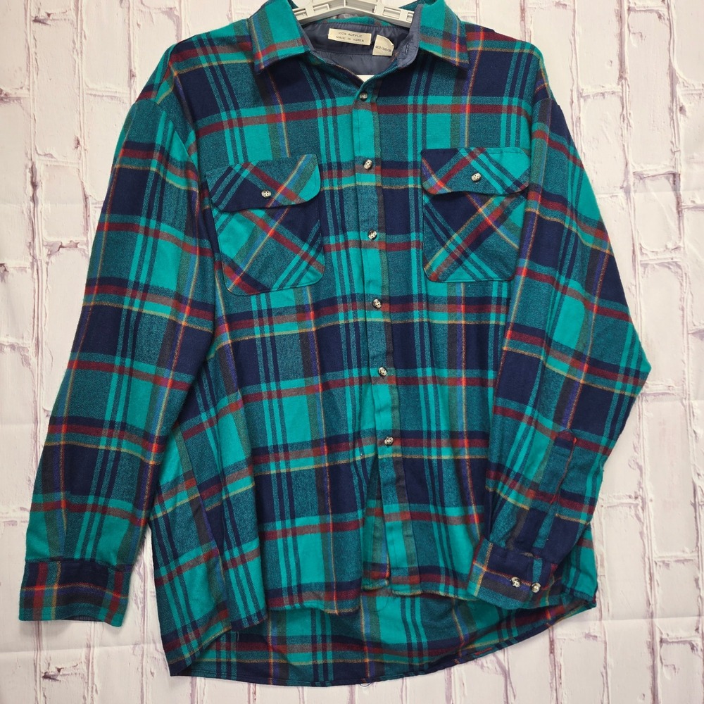Vintage Saugatuck Flannel Shirt Teal Plaid Acrylic Button Down Workwear Mens XL